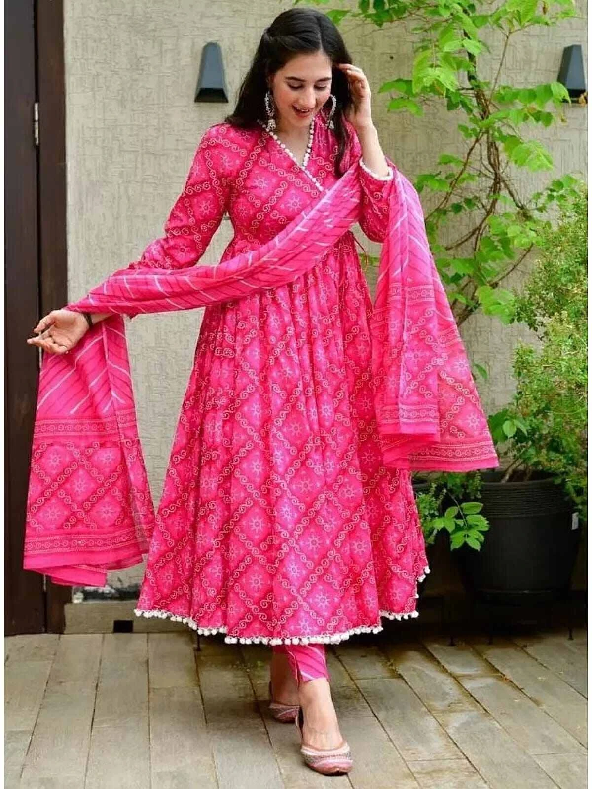 New exclusive designed Linen Screen Print Gown Poppon Work 3piece long kurti For Stylish Women / Girls